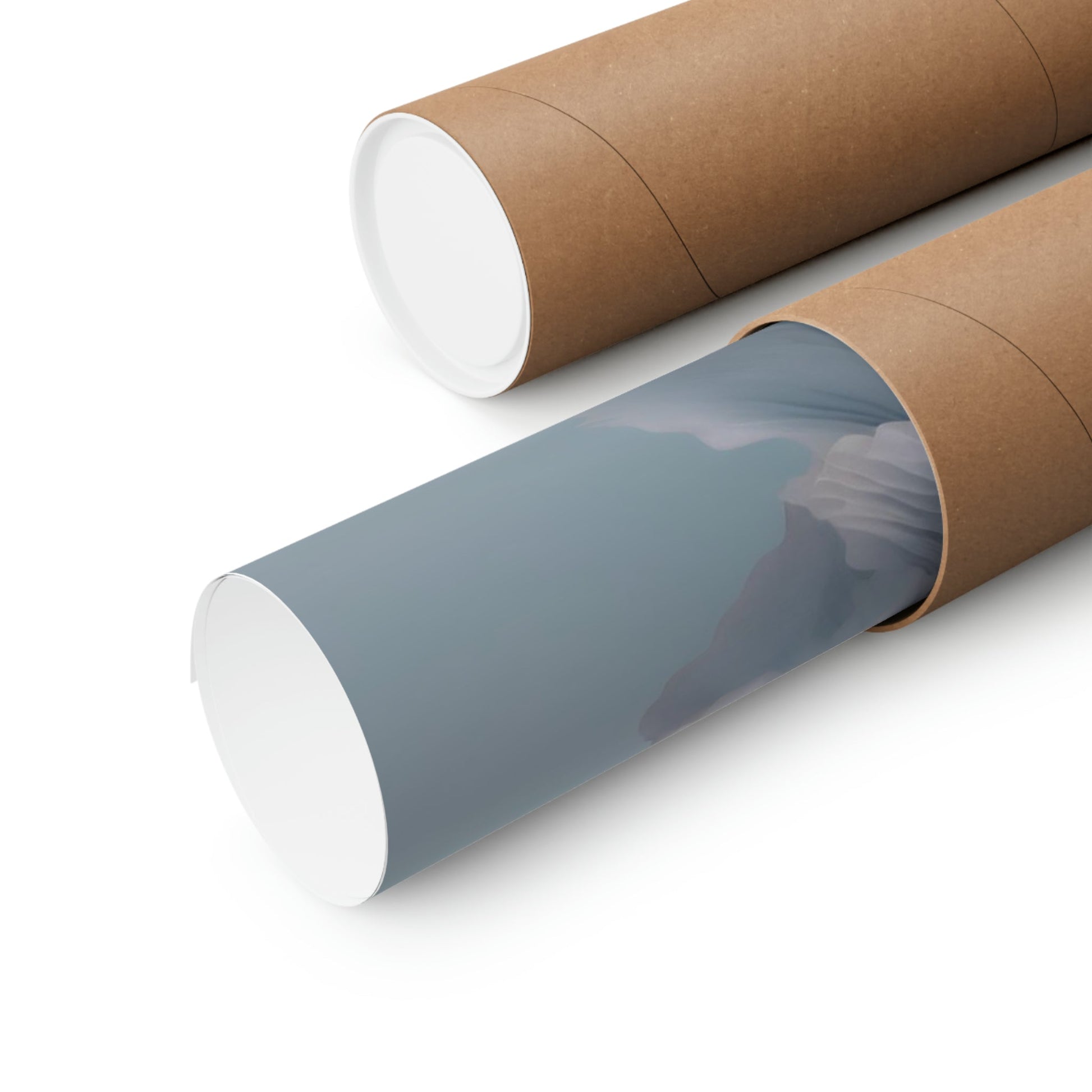 Cardboard mailing tubes, one open to reveal a gray interior.