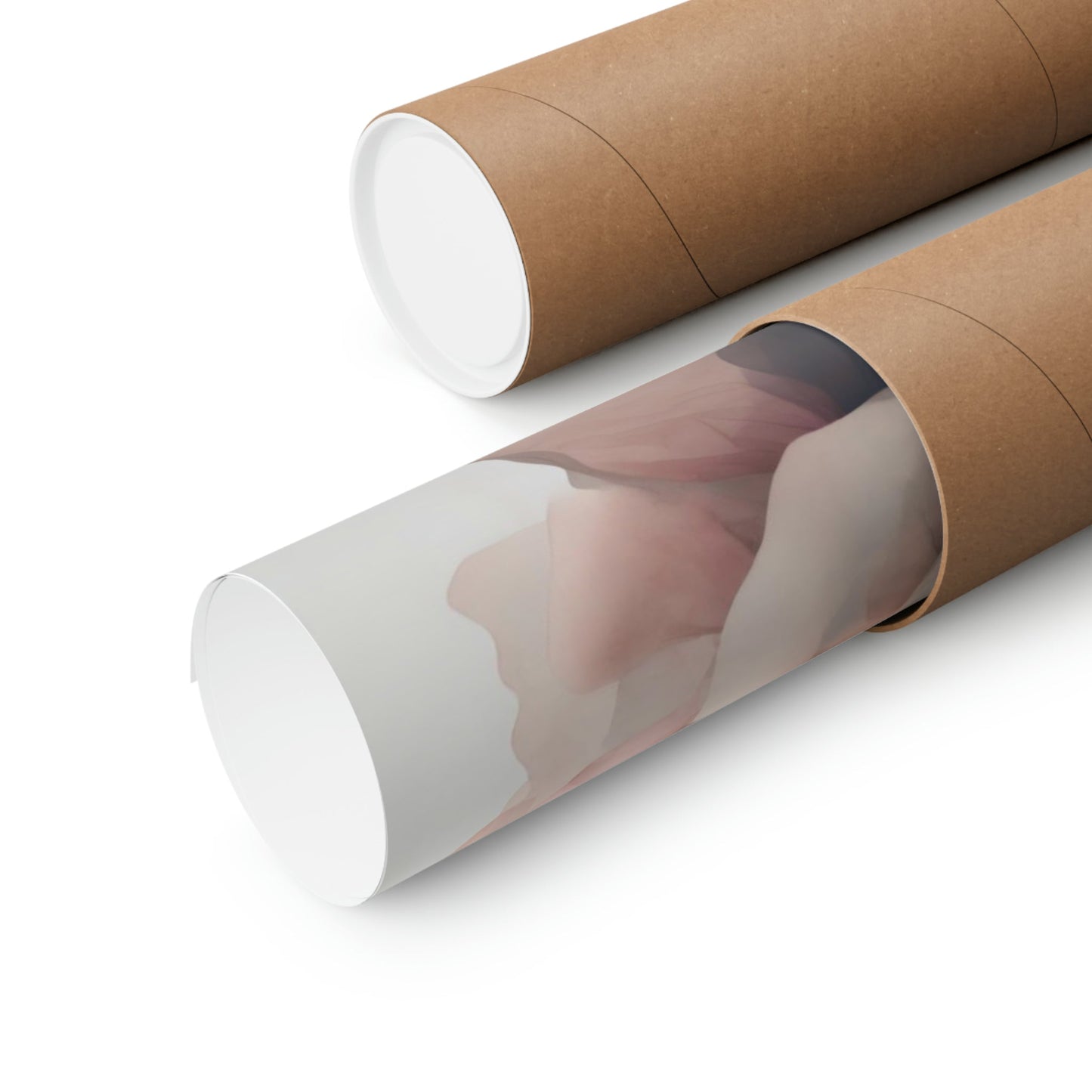 Cardboard mailing tubes, one open showing contents inside.