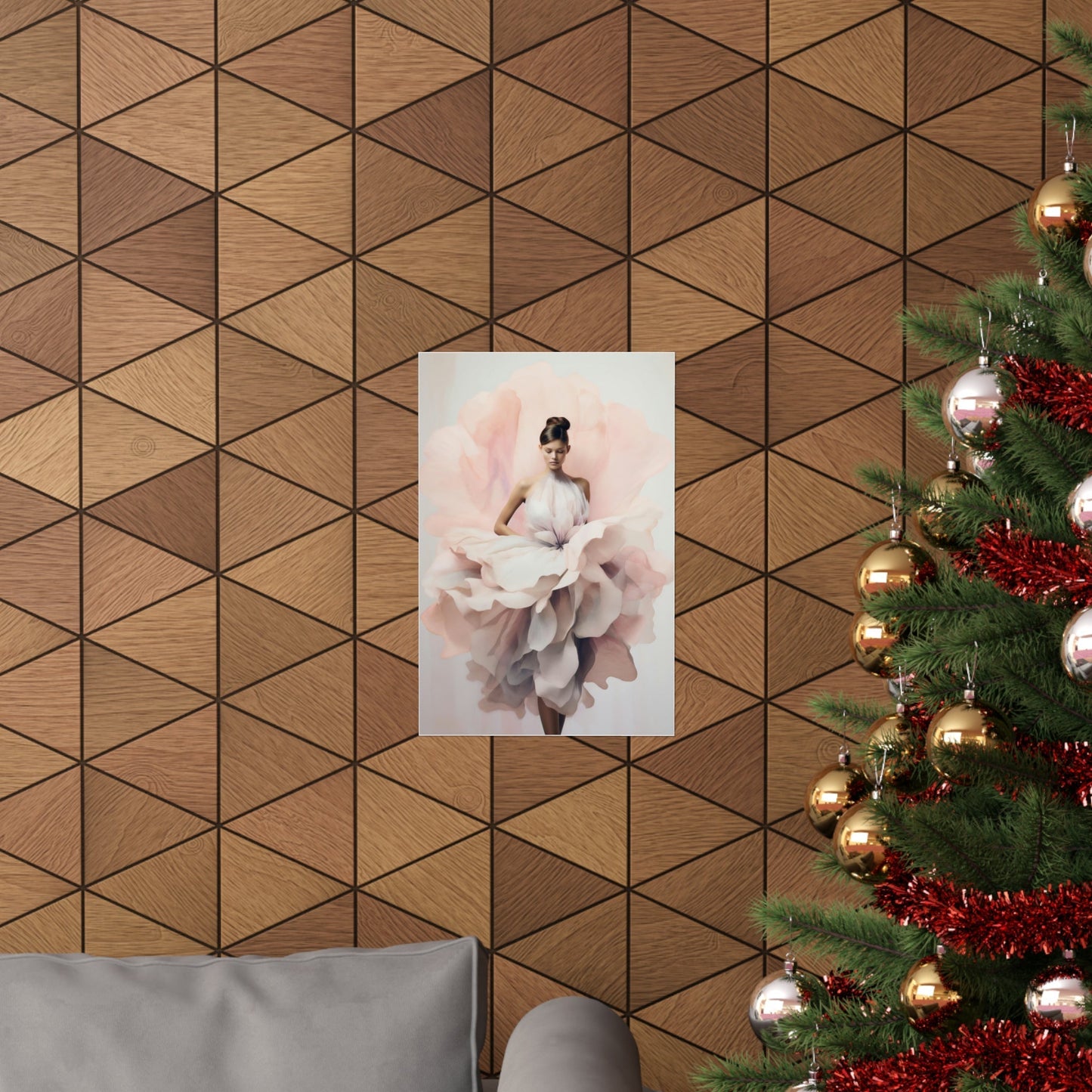 Geometric wood paneled wall with a framed artwork and partial Christmas tree visible.