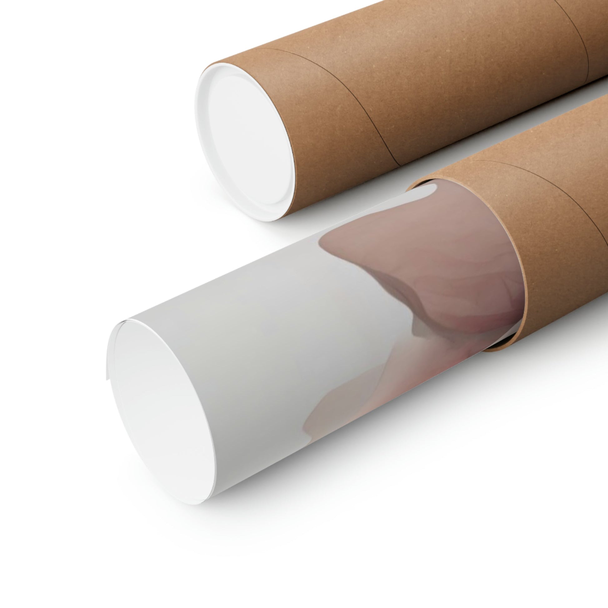 Cardboard mailing tubes, one partially unwrapped to reveal its white interior.