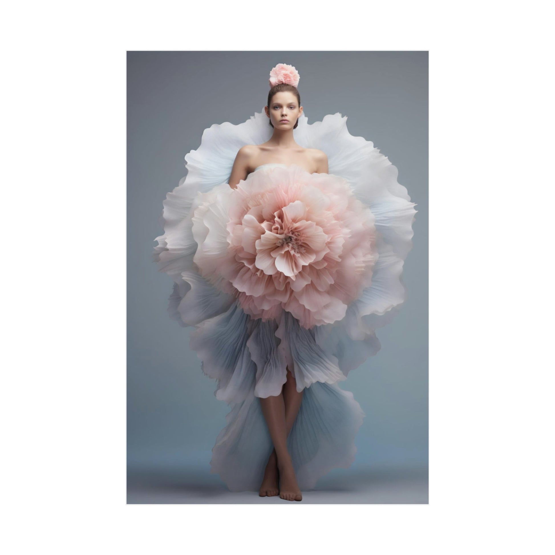 Woman wearing an extravagant dress resembling a giant flower with white and pink ruffled petals.