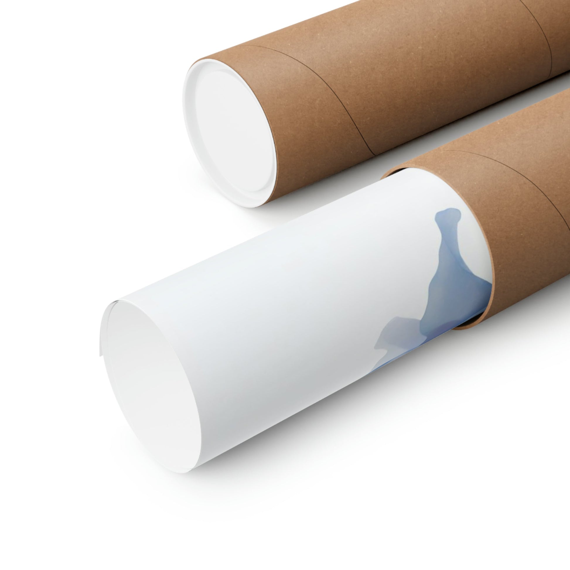 Two rolls of brown paper with a blue and white design