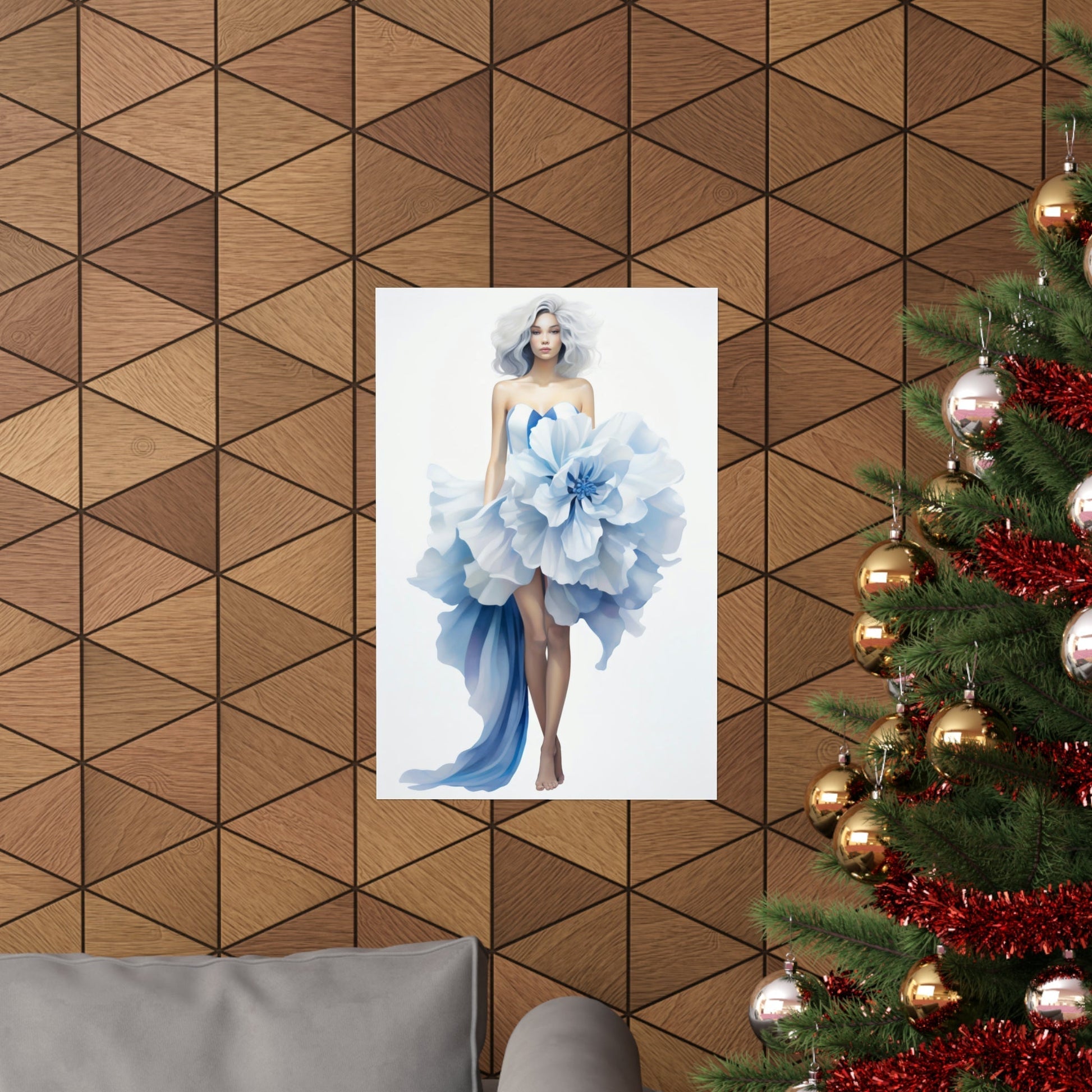 A christmas tree with a picture of a woman in a blue dress