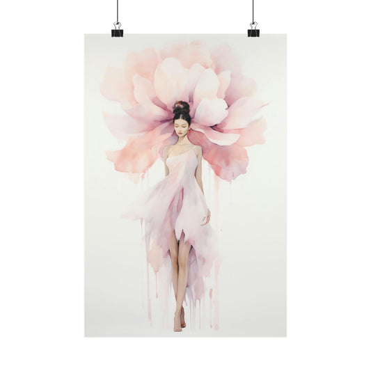 Ethereal female figure emerging from a delicate pink flower blossom.