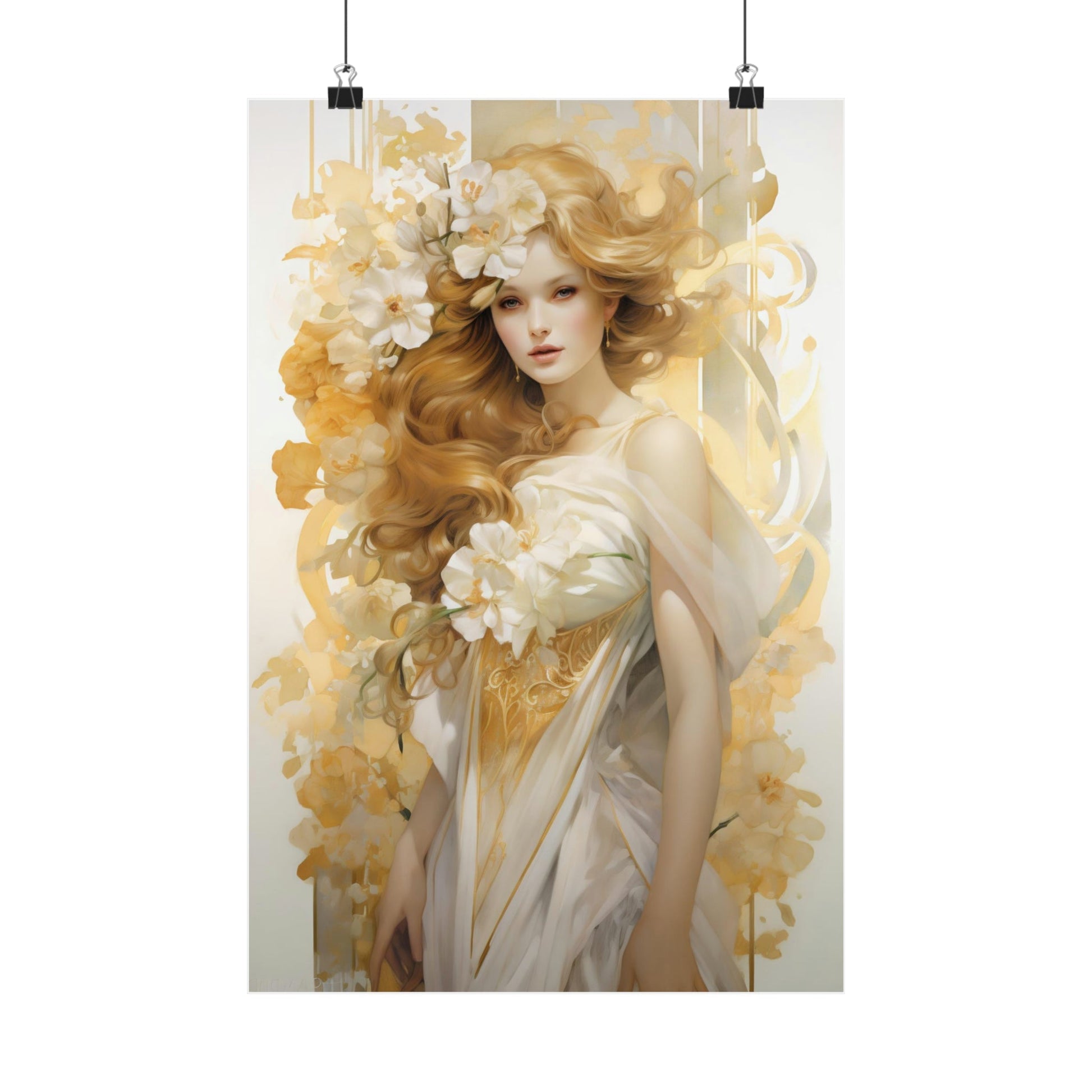 Ethereal painting of a woman with flowing golden hair surrounded by delicate white flowers.