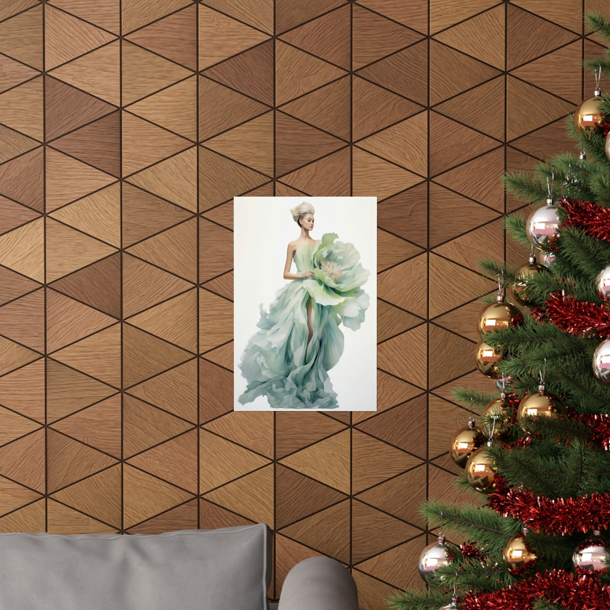 A christmas tree with a picture of a woman in a green dress