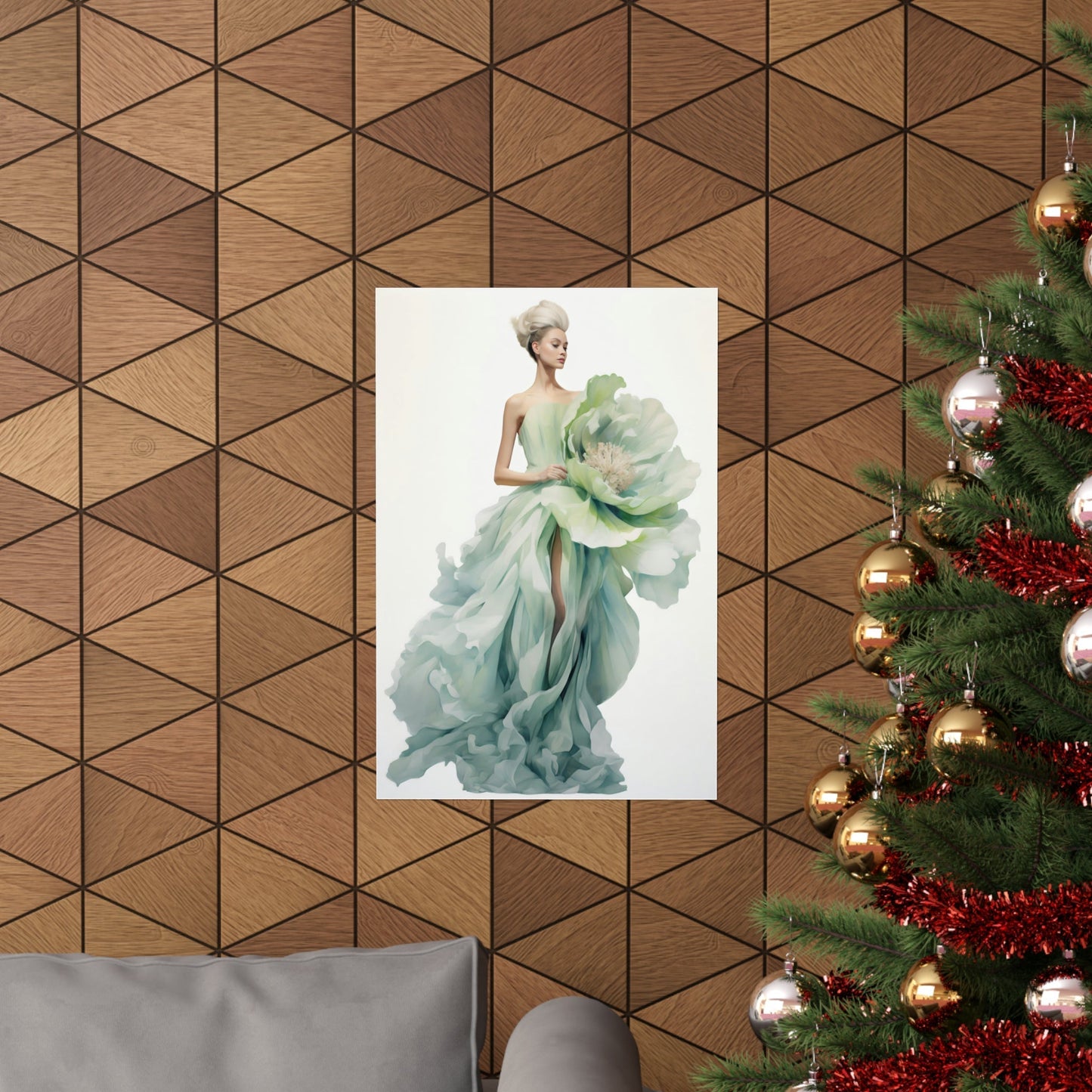 A christmas tree with a picture of a woman in a green dress