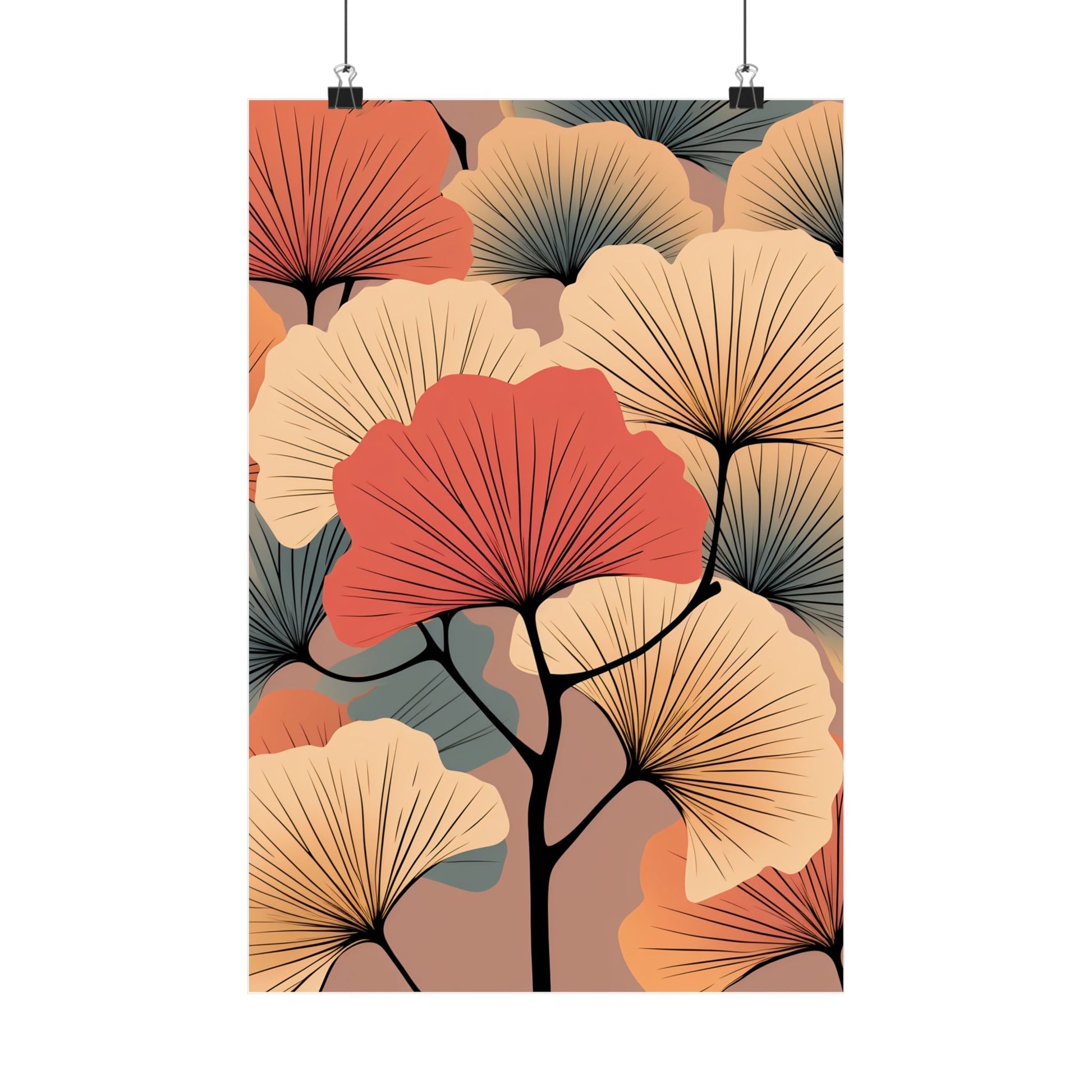 Stylized fan-shaped leaves or flowers in muted autumn colors arranged in an overlapping pattern.