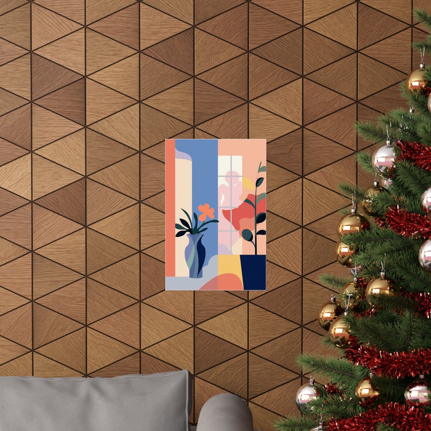 A christmas tree with a colorful abstract painting