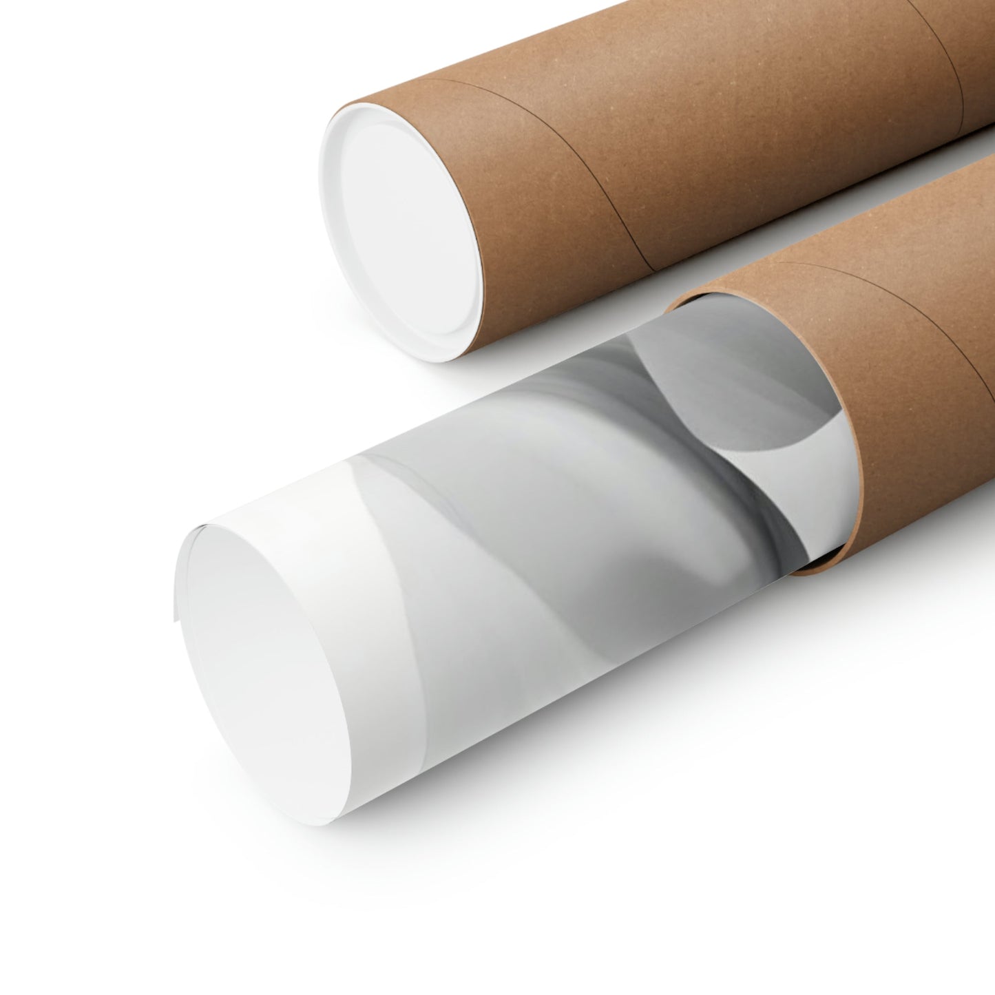 Two rolls of brown paper with white paper on them