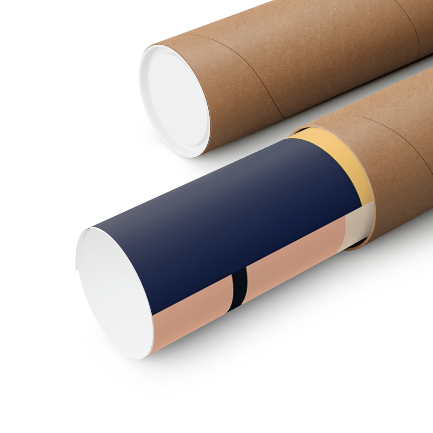 Two rolls of brown paper with a blue and white stripe