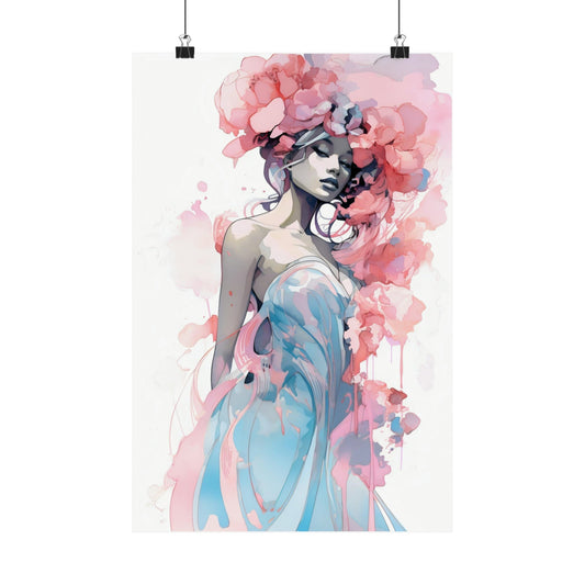 Watercolor painting of a woman with pink floral hair wearing a blue dress.