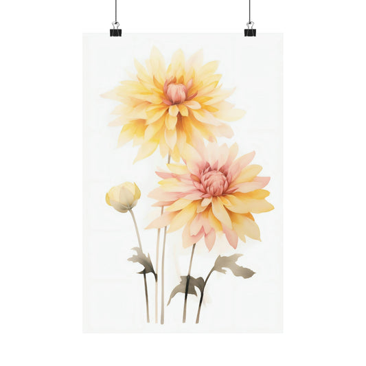 Delicate watercolor painting of yellow and pink dahlias with stems.