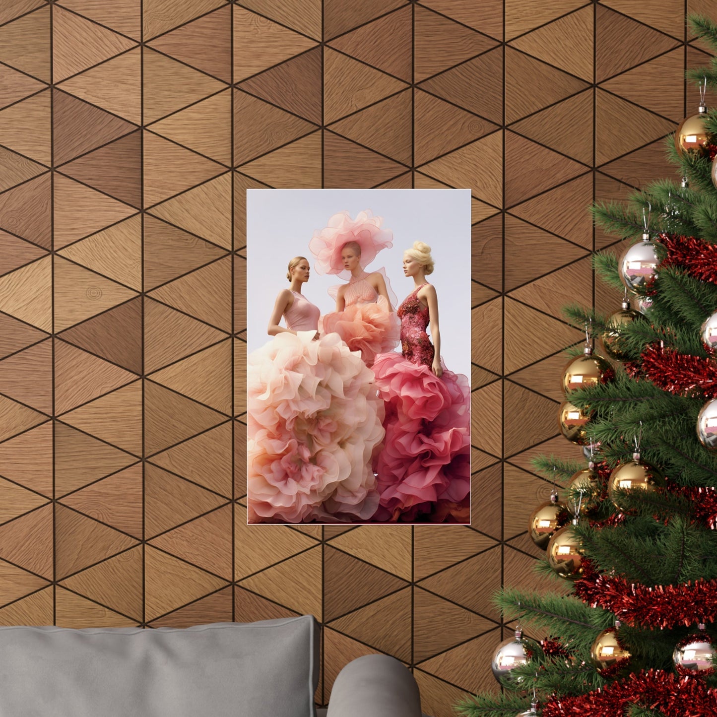 A christmas tree with a picture of a woman in a pink dress