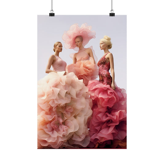 Three fashion models wearing elaborate floral-inspired gowns in shades of pink.