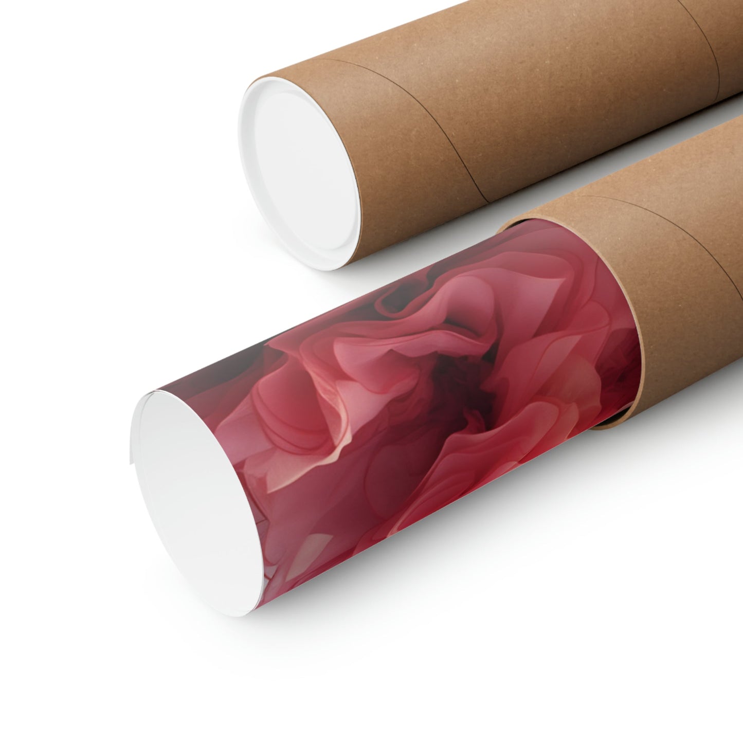 Two rolls of brown paper with red flowers on them