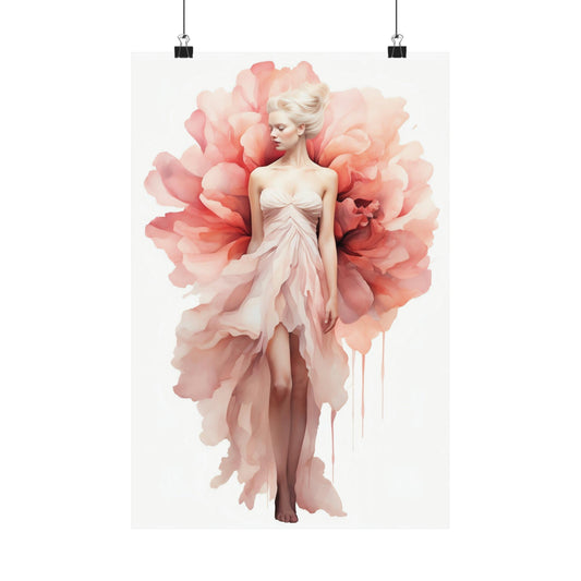 Woman emerging from a pink flower-like form, wearing a flowing dress that blends into the petals.