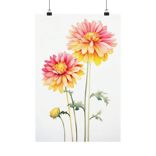 Watercolor painting of pink and yellow dahlias with stems and leaves.