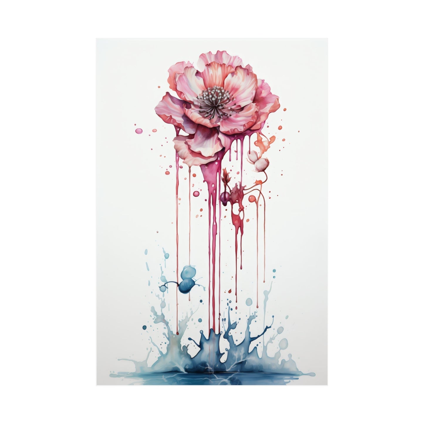 Watercolor painting of a pink flower with dripping petals and blue splashes at the base.