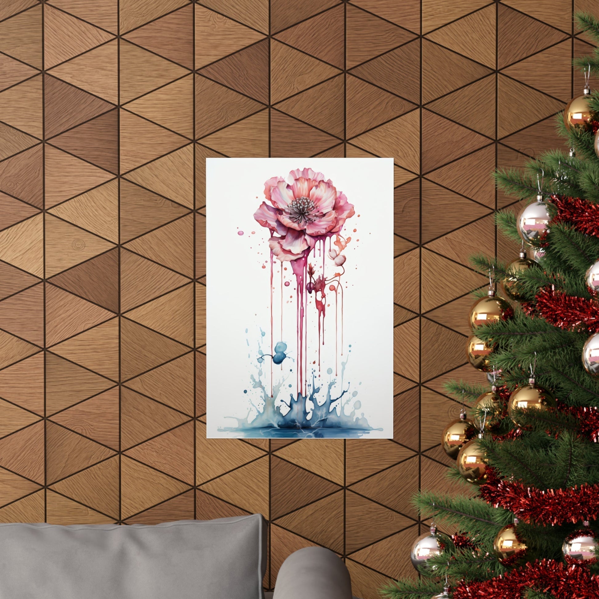 Watercolor painting of a pink flower with dripping petals and a blue splash at the bottom.