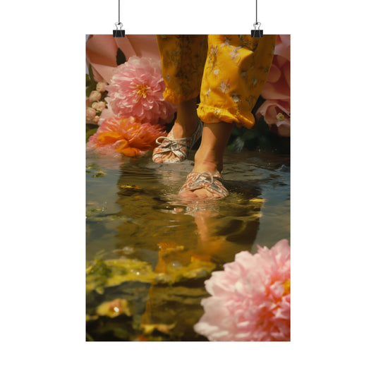 Feet in sandals standing in shallow water surrounded by pink flowers.