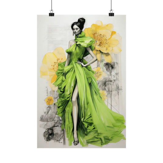 Stylized painting of a woman in a flowing green gown with yellow floral accents.