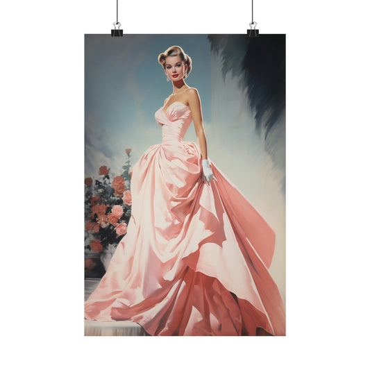 Elegant woman in a flowing pink gown with a strapless bodice and voluminous skirt.