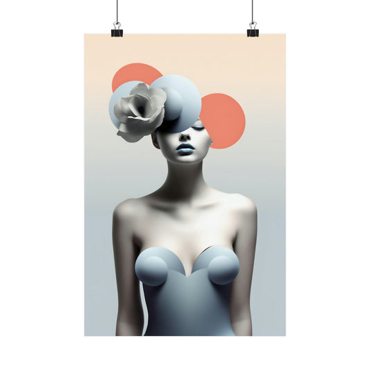 Surrealist portrait of a figure with a flower-like shape replacing the upper part of the head, set against two coral circles.