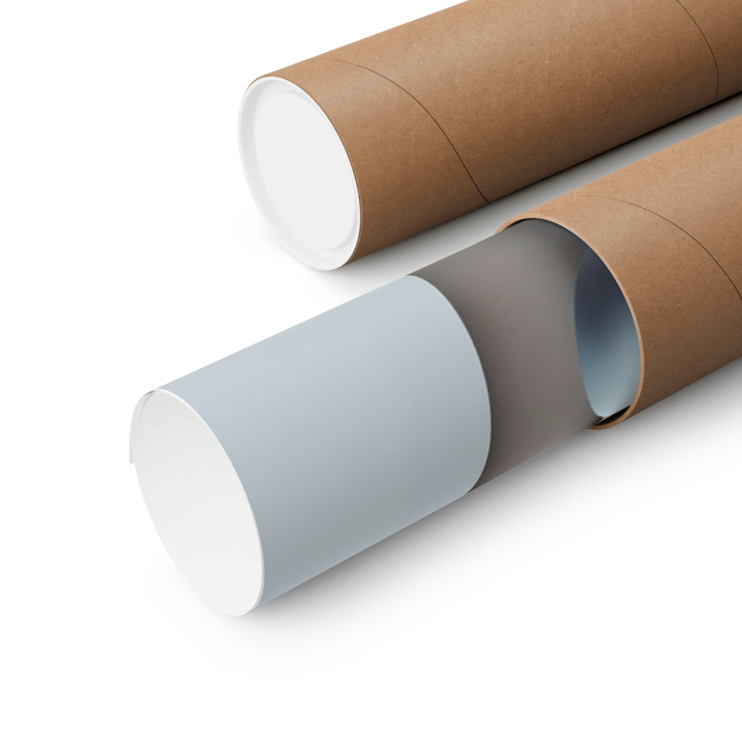 Two rolls of brown paper with white paper on them