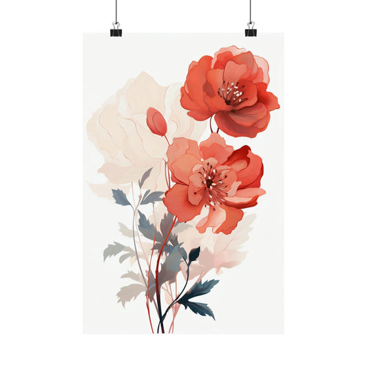 Watercolor painting of red poppies with delicate stems and leaves.