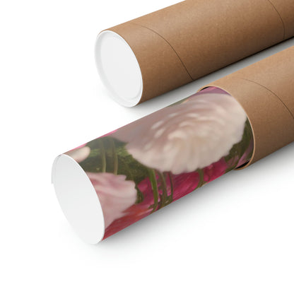 Two rolls of brown paper with pink flowers on them