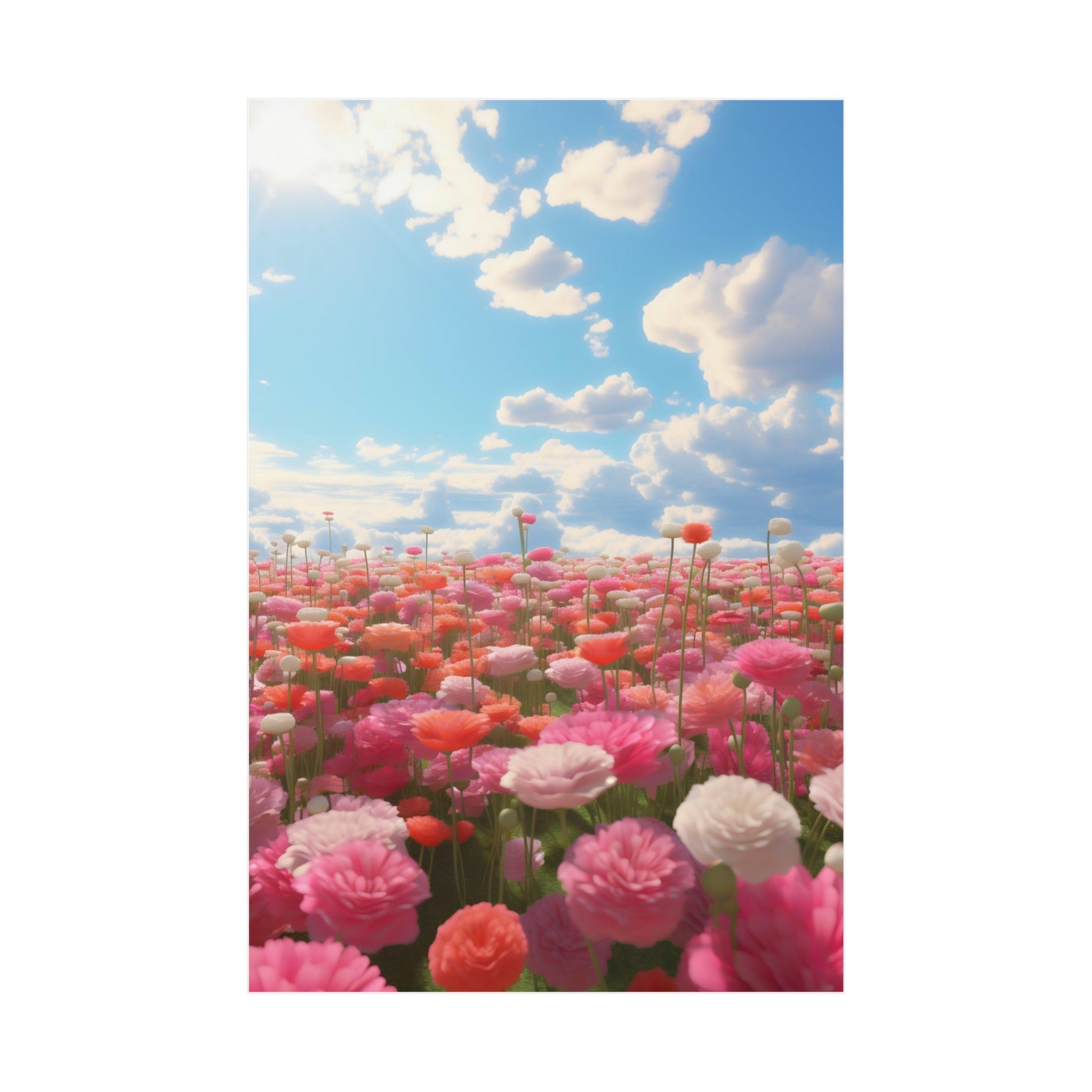 A field of flowers with a blue sky in the background