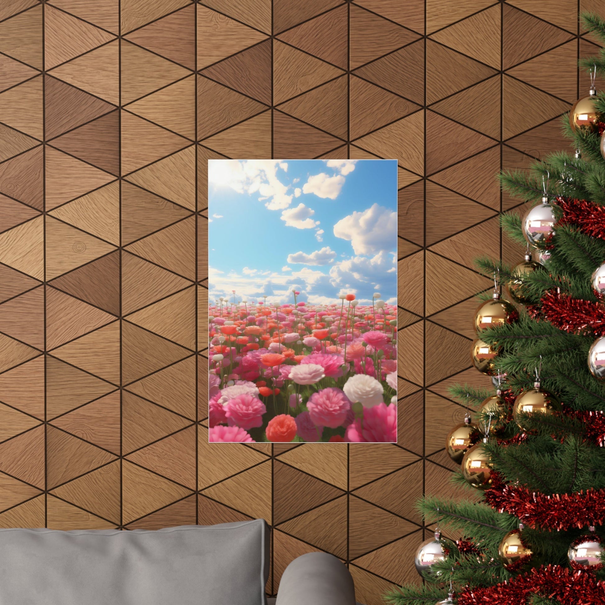 A christmas tree with a picture of a field of flowers