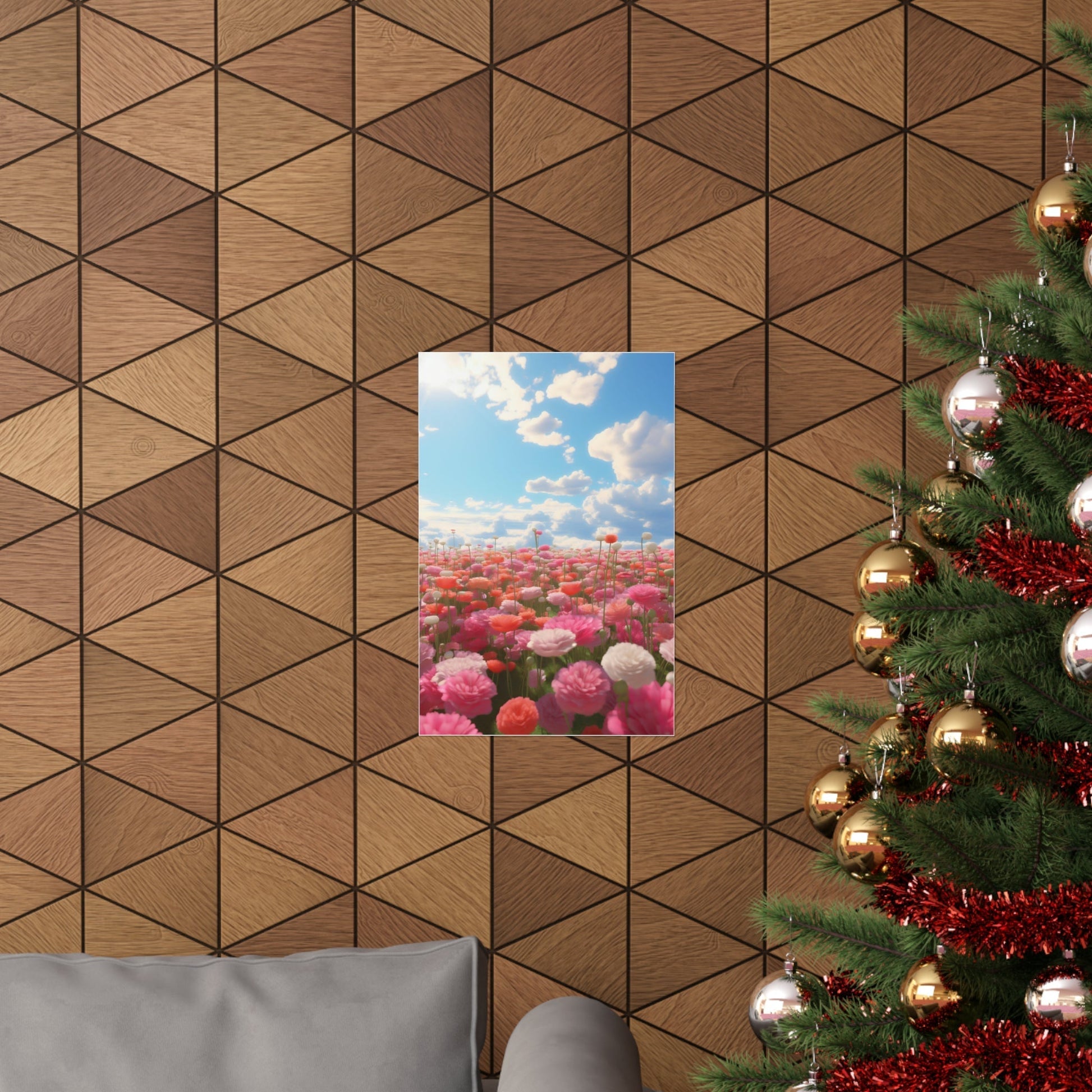 A christmas tree with a picture of a pink flower