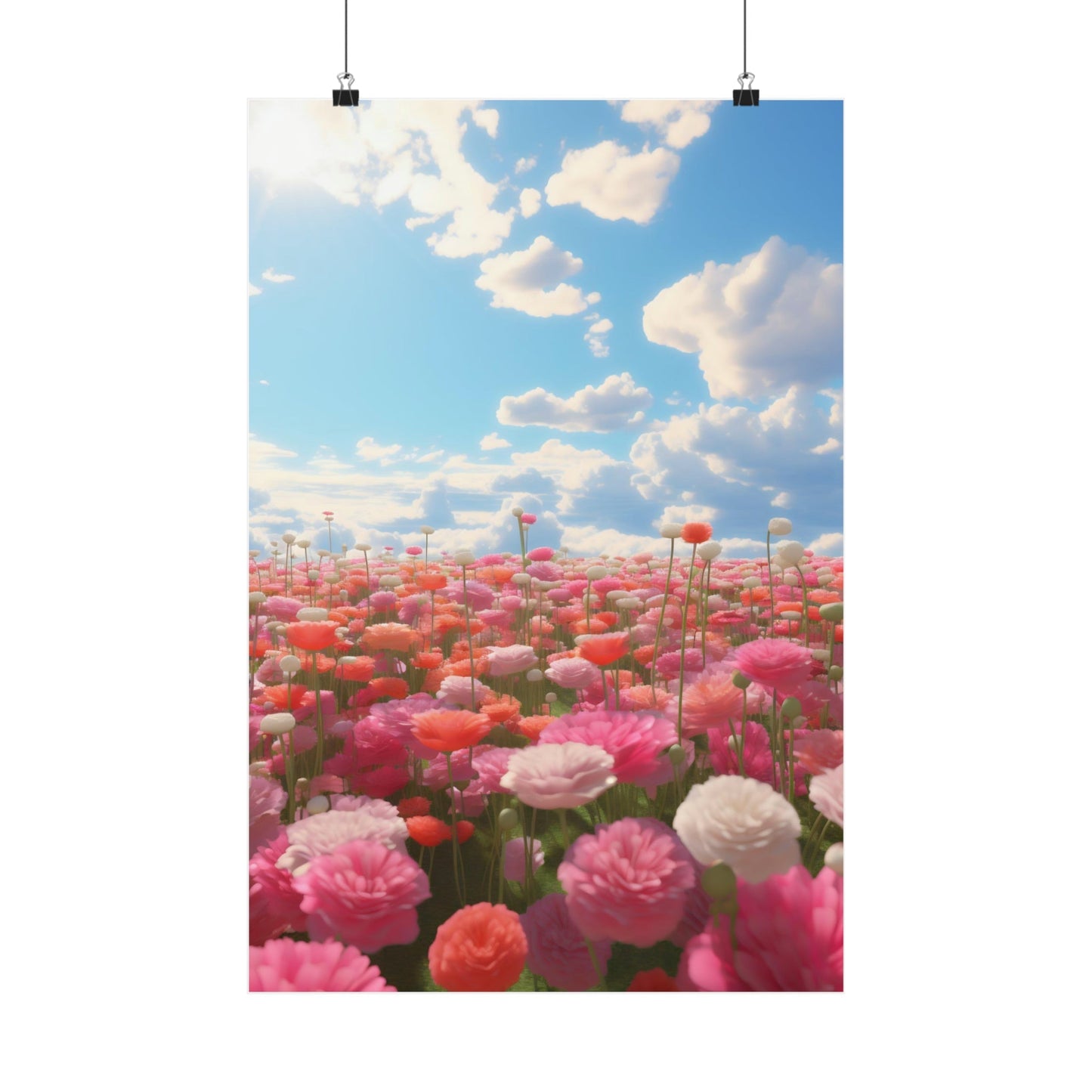 A poster with a field of flowers and clouds