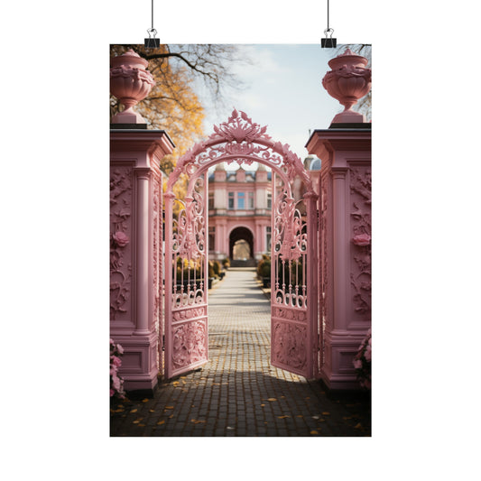 Ornate pink wrought iron gate leading to a garden path and building.