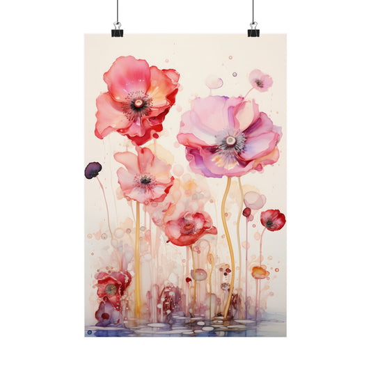 Watercolor painting of delicate pink and red poppies with long stems.