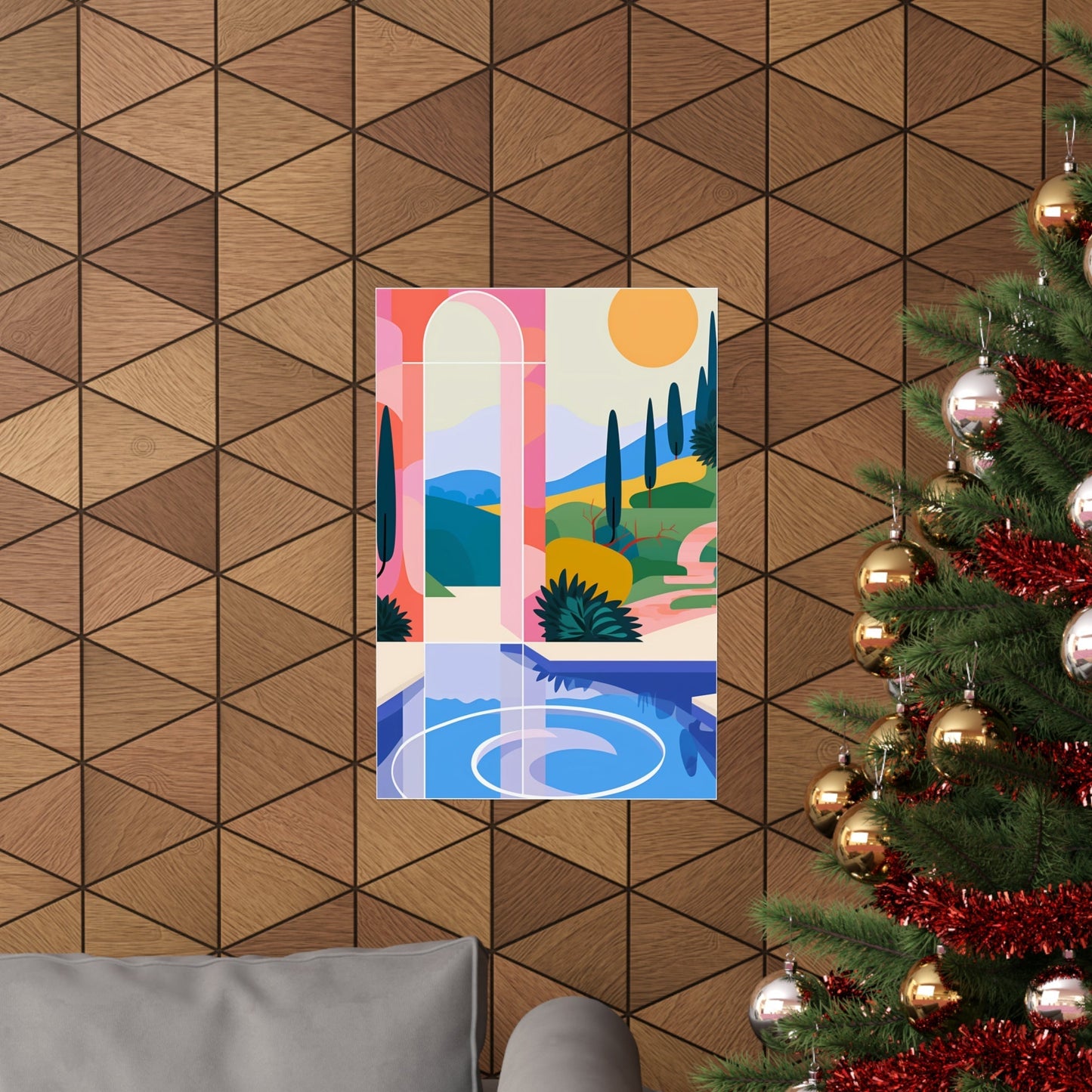 A christmas tree with a painting on it