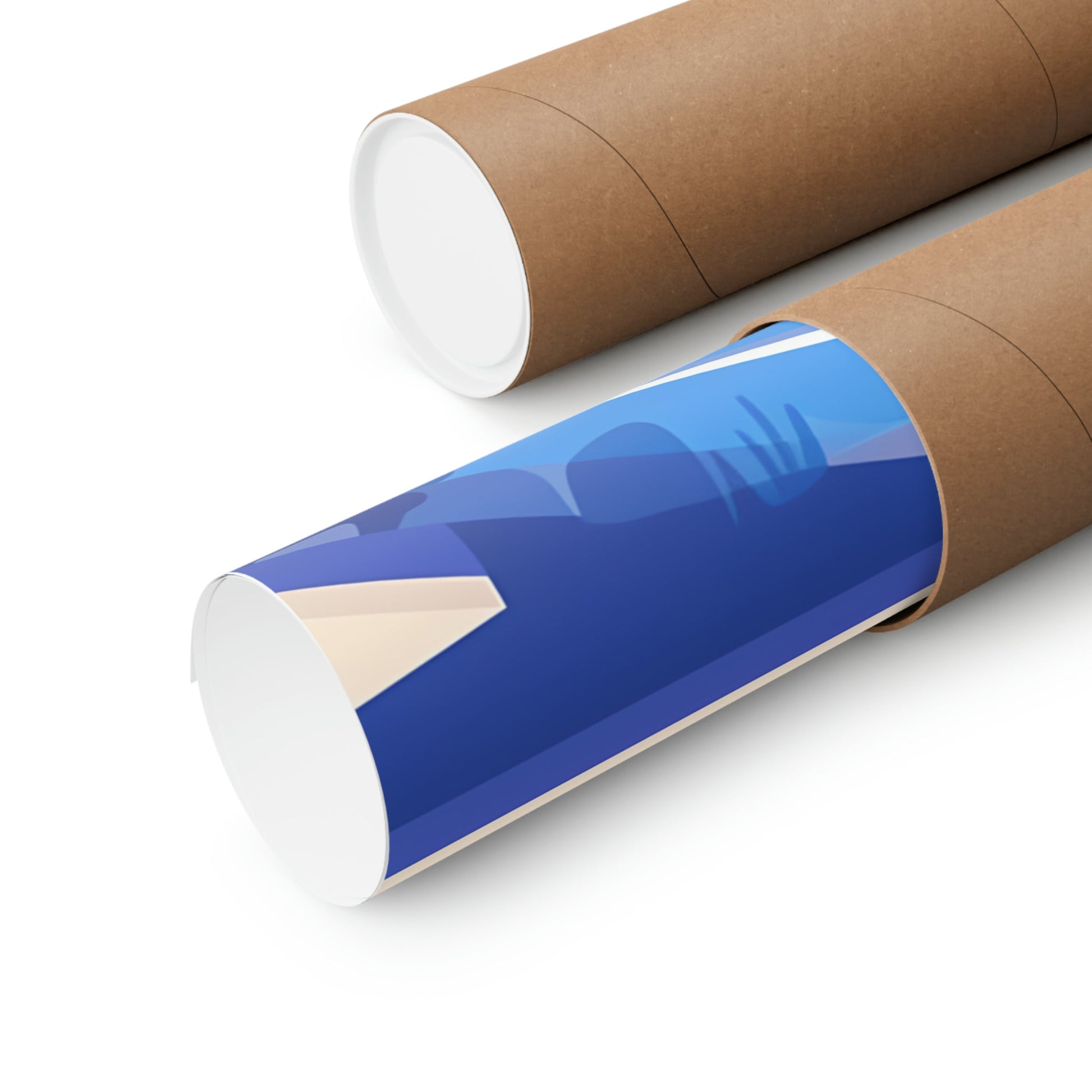 Two rolls of brown paper with a blue and white design