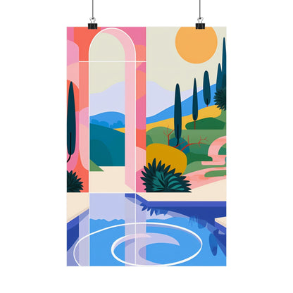 Colorful abstract landscape poster featuring geometric shapes and stylized natural elements.