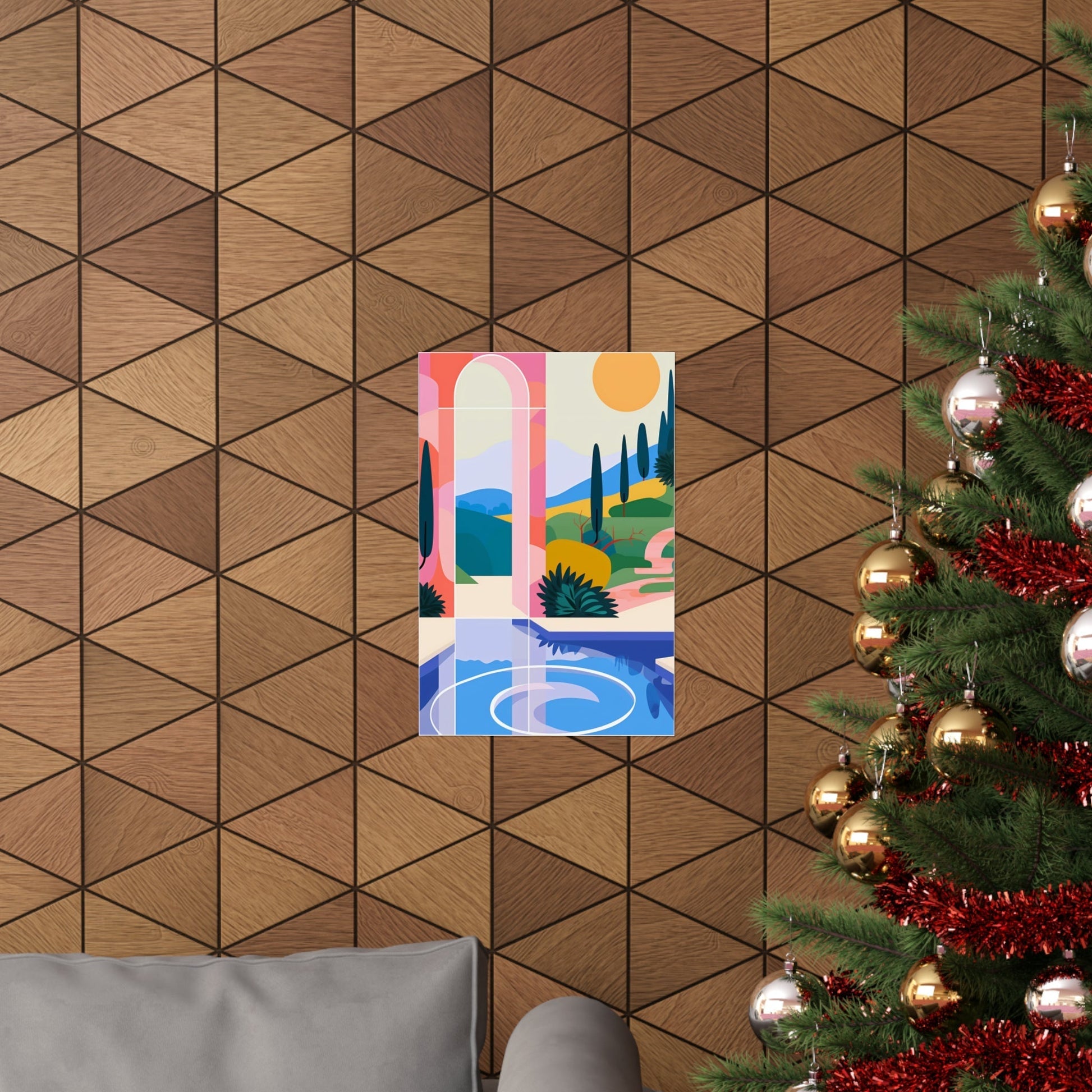 A christmas tree with a colorful painting on it