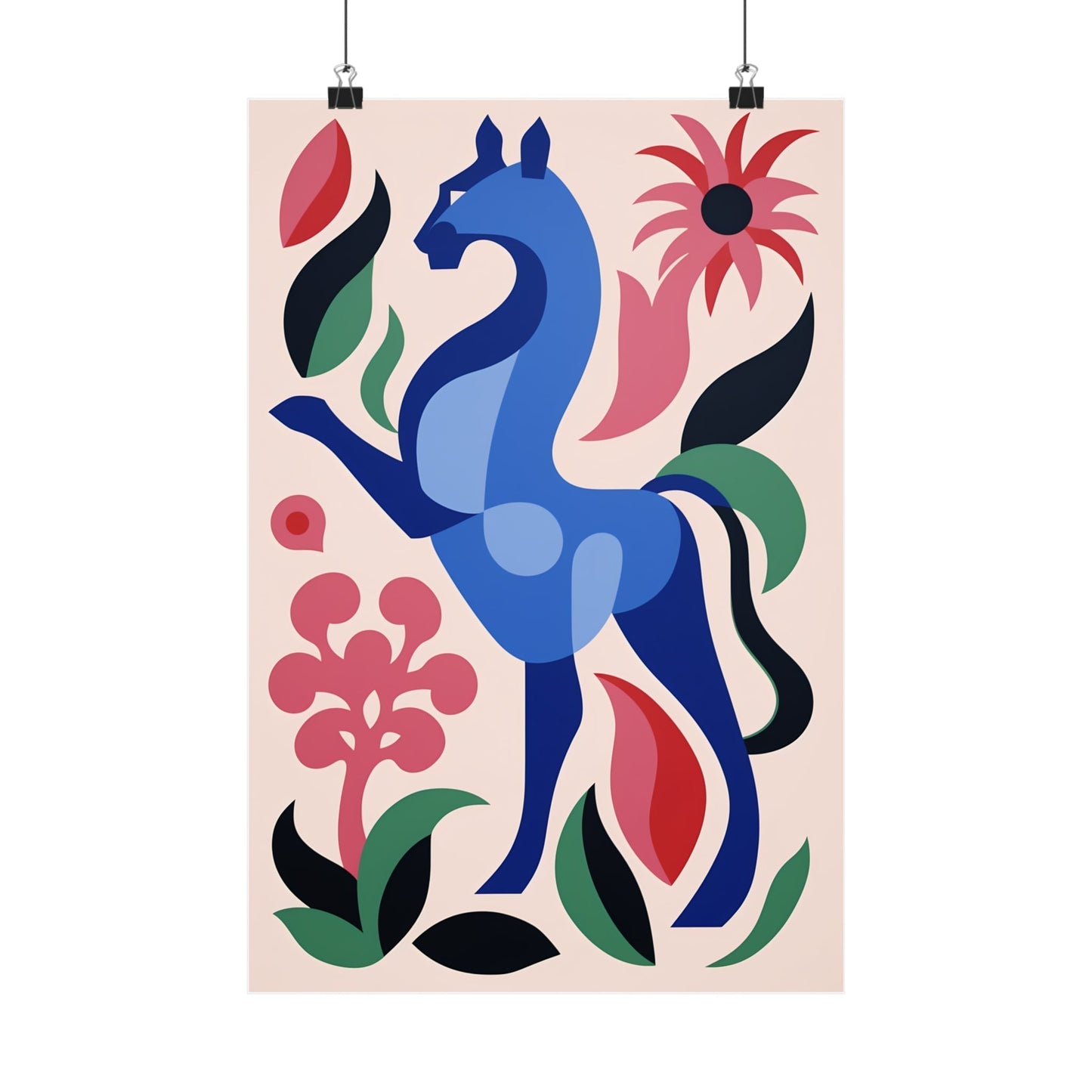 Stylized blue horse surrounded by colorful floral elements.