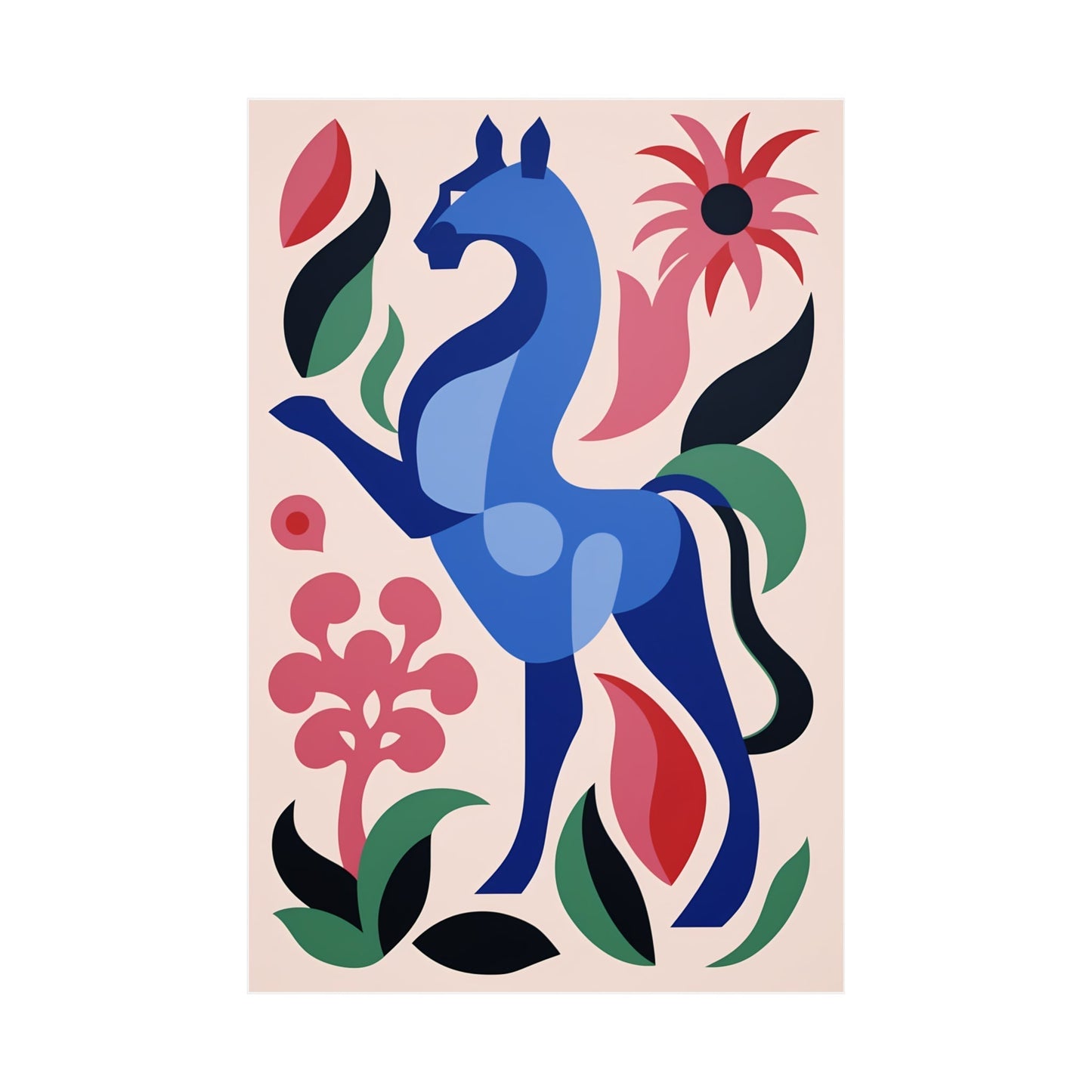 A painting of a horse with flowers and leaves