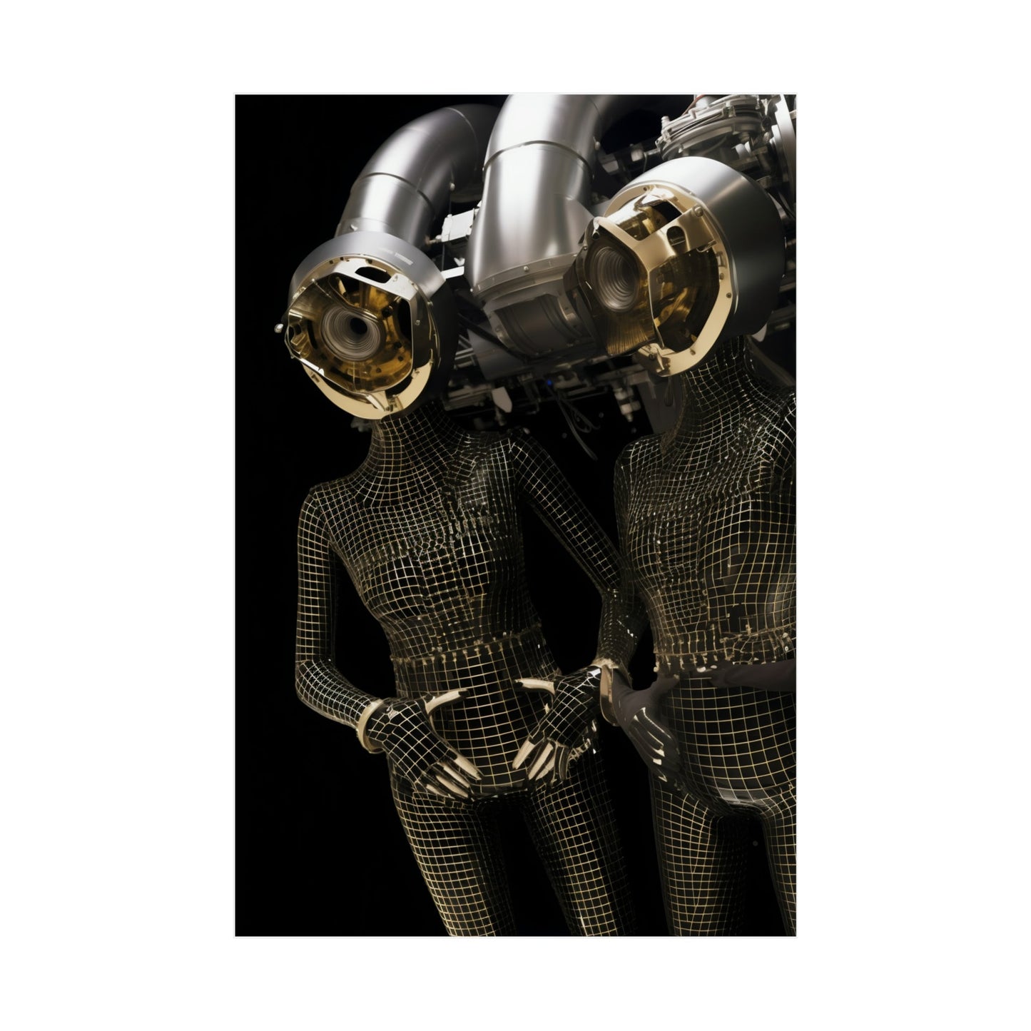 A pair of metal figures with a black background