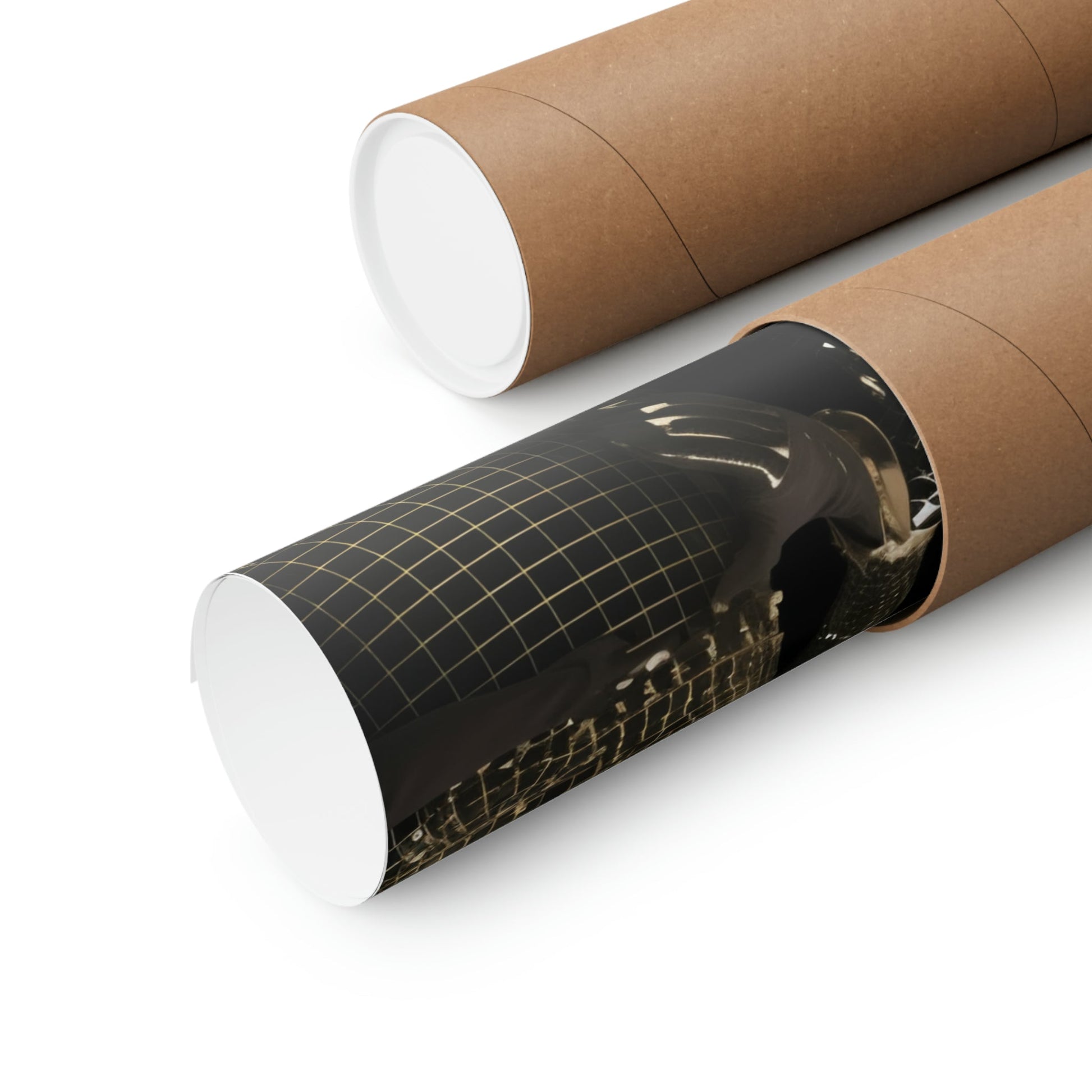 Two rolls of brown paper with a black and white image