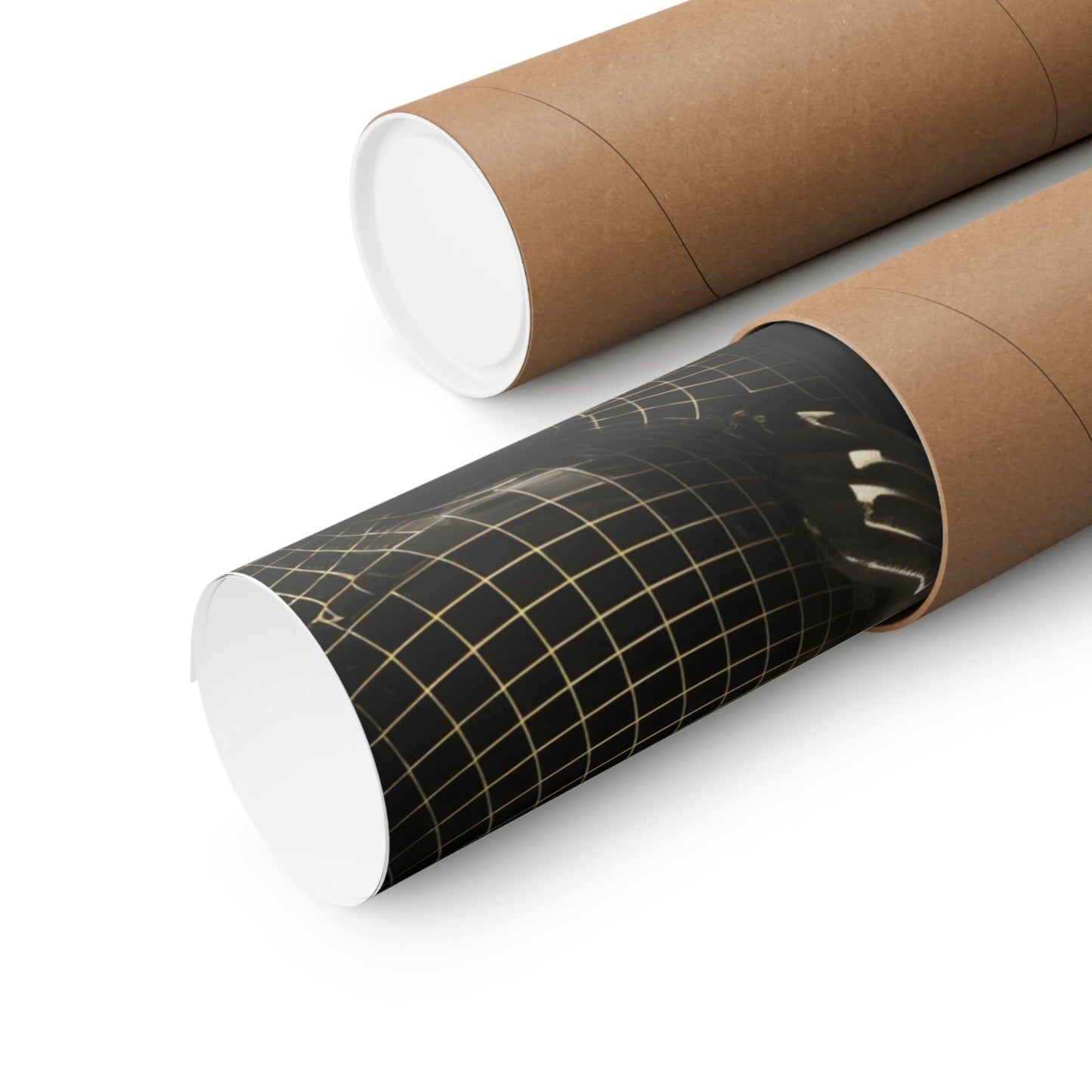 Two rolls of brown paper with black and gold foil