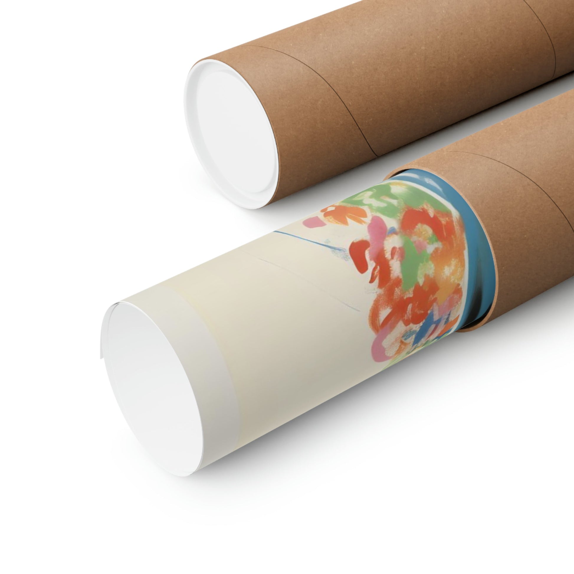 Cardboard mailing tubes, one with a colorful label.