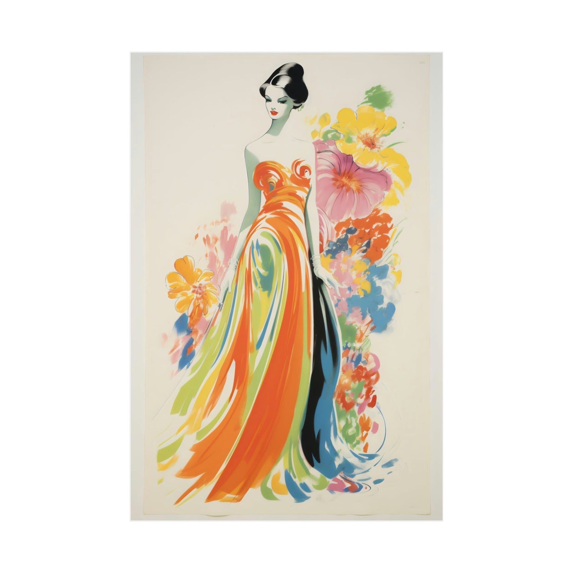 Elegant woman in a vibrant orange and yellow flowing gown surrounded by colorful floral elements.