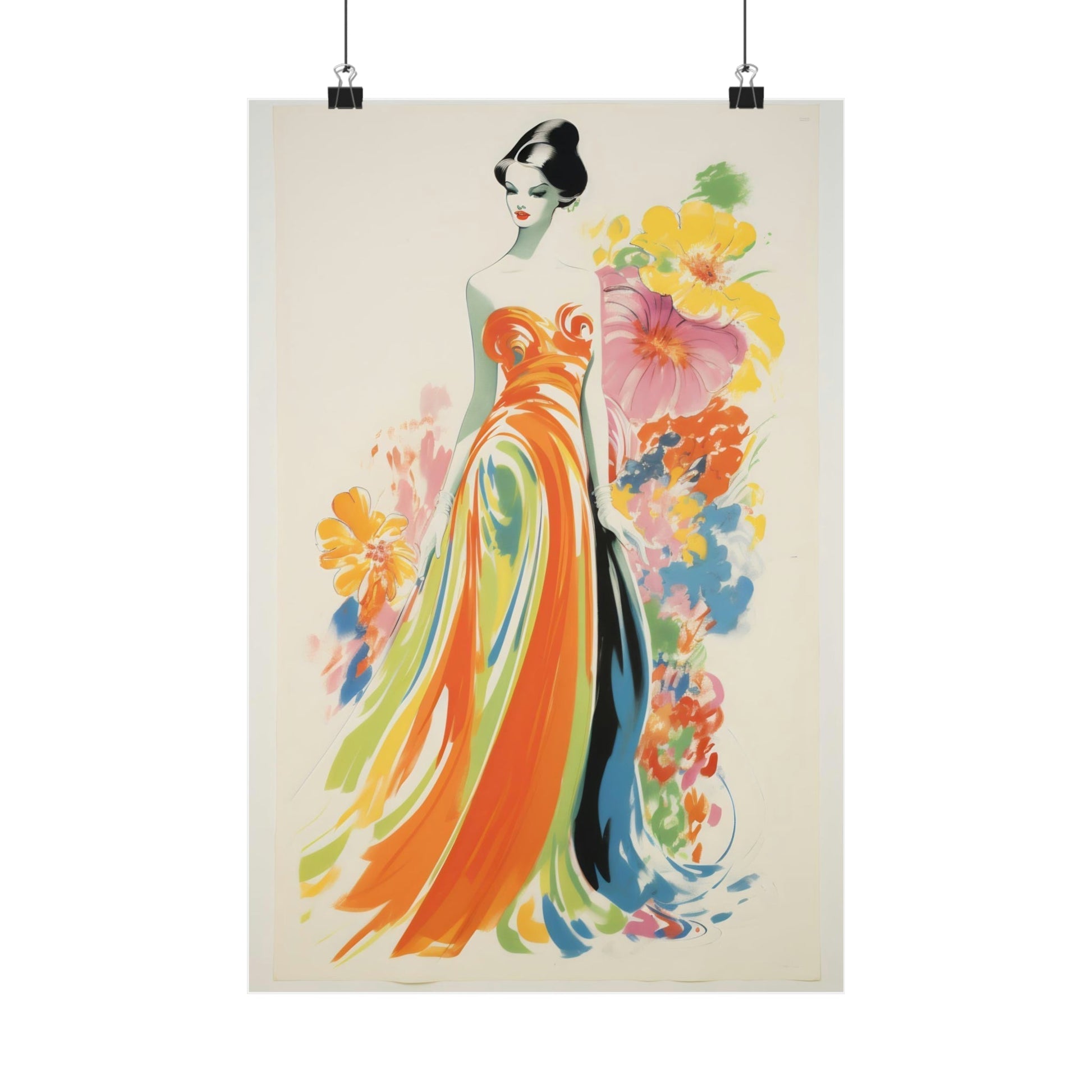 Colorful watercolor painting of an elegant woman in a flowing floral dress.