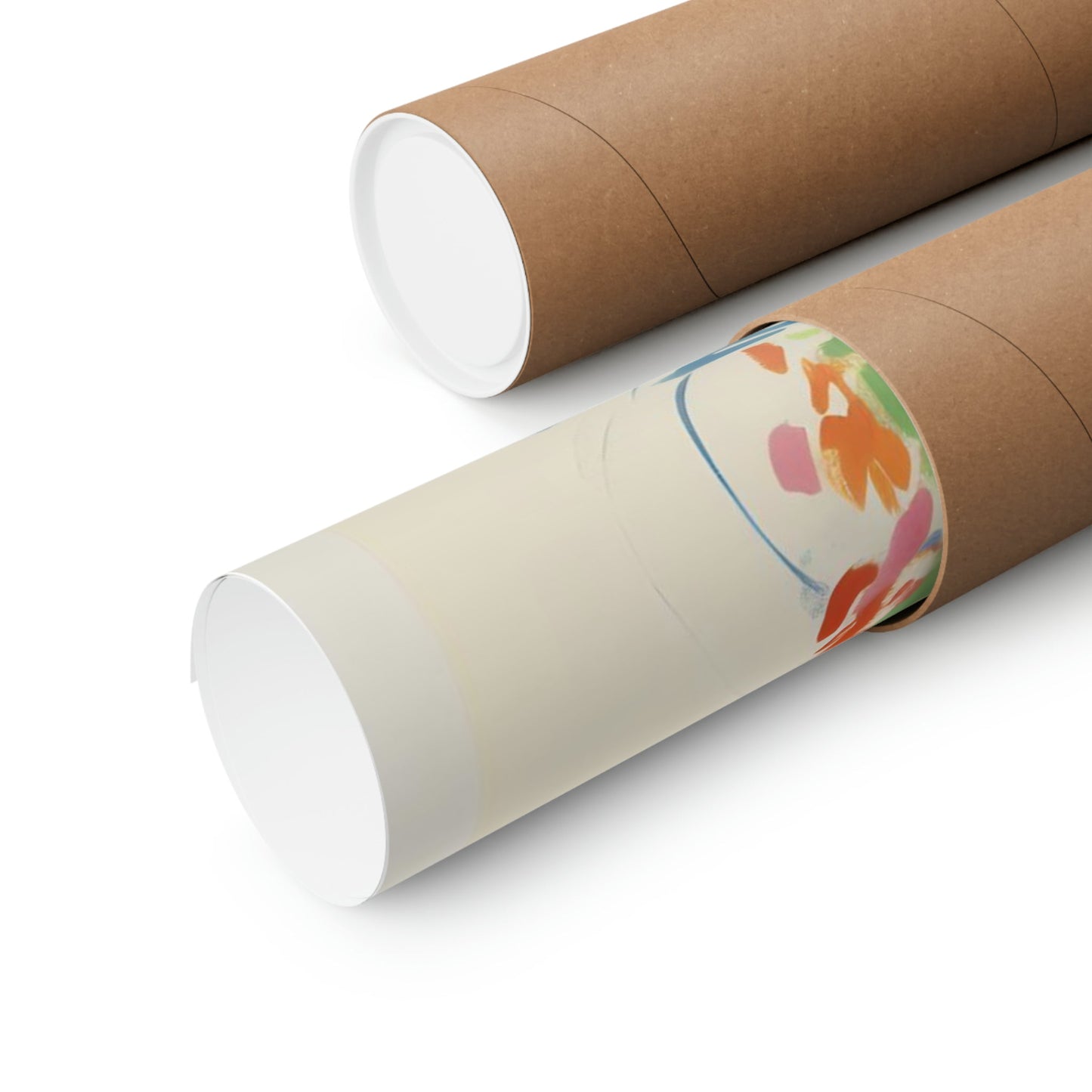 Cardboard mailing tubes, one plain and one with a colorful floral label.